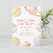 Bereik de Vier Sterren Roze Gouden Ruimte Verjaard Kaart (Staand voorkant)