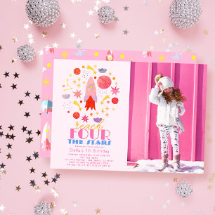 Bereik de viersterren Pink Space Photo Birthday Kaart