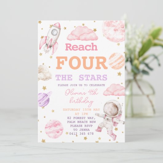 Bereik Four The Stars Girl Space 4e verjaardag Kaart (Staand voorkant)