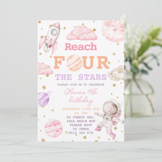 Bereik Four The Stars Girls Space 4e verjaardag Kaart (Staand voorkant)