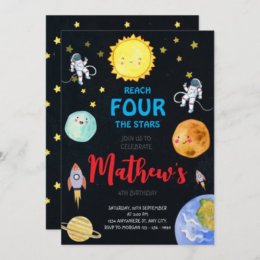Bereik het Four Stars Outer Space verjaardagsfeest Kaart (Voorkant / Achterkant)