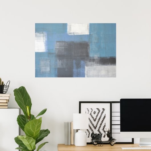 'Bereik uit' grijze en blauwe Abstracte kunst Poster (Thuiskantoor)