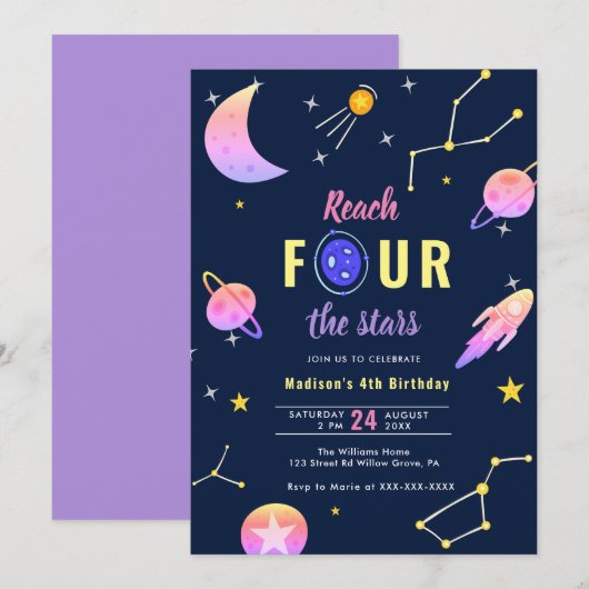 Bereik vier de sterren 4e verjaardag Uitnodiging (Voorkant / Achterkant)