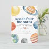 Bereik vier sterren buiten ruimte 4e verjaardag kaart (Staand voorkant)