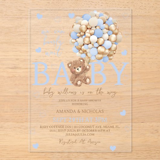 Beren ballon blauw Baby shower Acryl Uitnodigingen (Voorkant)