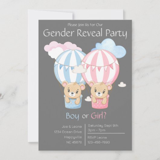 Beren & Ballonnen Geslacht Onthullen Party Uitnodi Kaart (Voorkant)