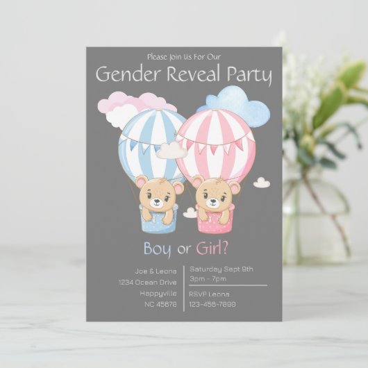 Beren & Ballonnen Geslacht Onthullen Party Uitnodi Kaart (Staand voorkant)