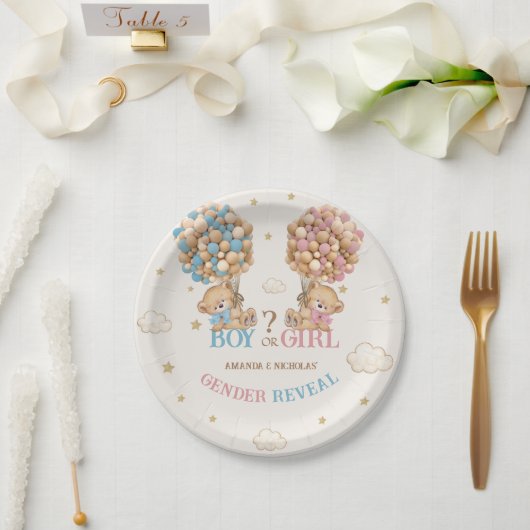 Beren ballonnen roze blauw boho gender onthullen papieren bordje (Huwelijk)