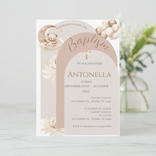 Beren en ballonnen meisje doop uitnodiging (Staand voorkant)