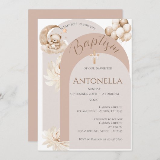 Beren en ballonnen meisje doop uitnodiging (Voorkant / Achterkant)