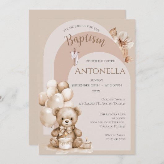 Beren en ballonnen meisje doop uitnodiging (Voorkant / Achterkant)