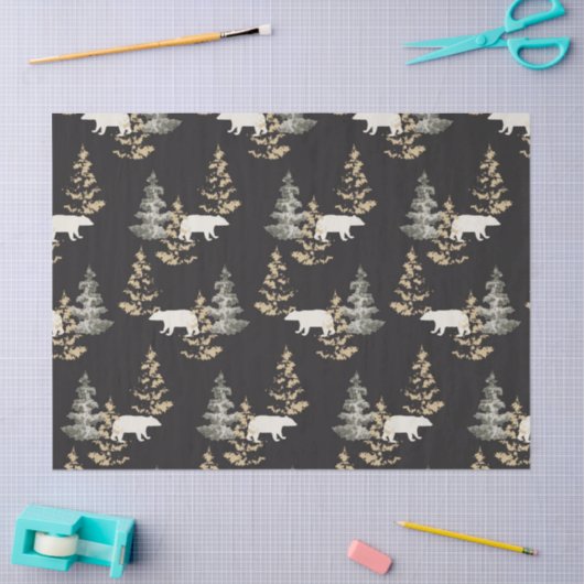 Beren en vezelbomen op zwarte achtergrond tissuepapier (Craft)