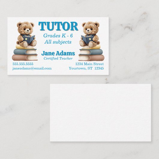 Beren lezen Docent Tutor School Dagopvang Visitekaartje (Voorkant / Achterkant)