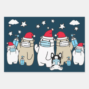 BEREN MET MASKERS EN SANTA HATS VERPAKKINGSPAPIER INPAKPAPIER VEL