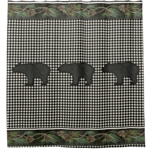 Beren Rustic Mountain Cabin Black White Pine Cones Douchegordijn (Voorkant)