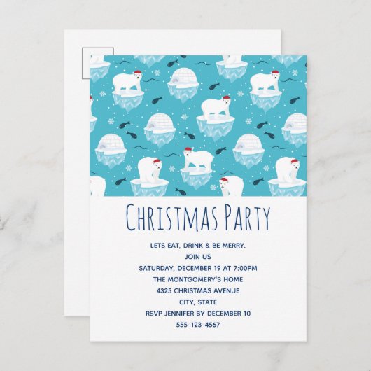 Beren van de Cute Polar in Santa Hats-kerstfeest Uitnodiging Briefkaart (Voorkant / Achterkant)