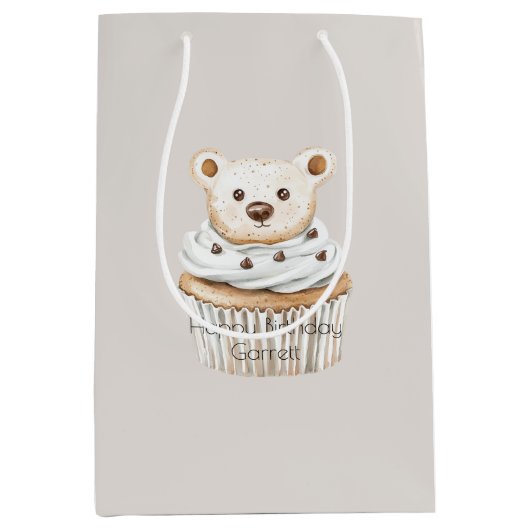 Beren verjaardag Crème Cupcake Medium Cadeauzakje (Voorkant)