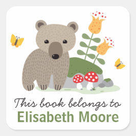 Beren welp met bloemetjes en vlinders boekenplaat  vierkante sticker
