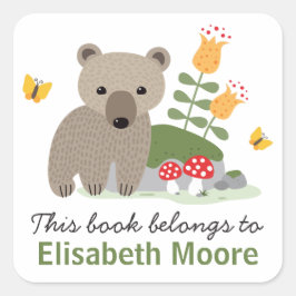 Beren welp met bloemetjes en vlinders boekenplaat  vierkante sticker