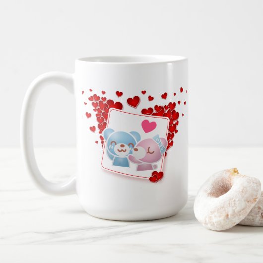 Beren zoenen met een rood liefdeshart koffiemok (Met donut)