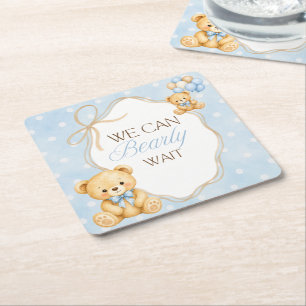 Berenjongen Baby Shower Met Blauwe Teddibeer Kartonnen Onderzetters