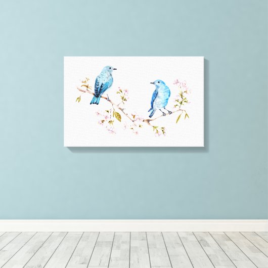 Berg Bluebird op Sakura Branch Canvas Afdruk (Insitu (Houten vloer))