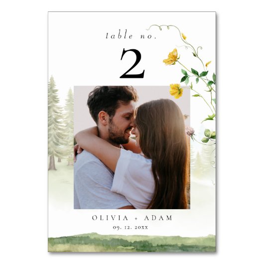 Berg Boho Wildbloem Huwelijksfoto Tafelkaart Kaart (Voorkant)