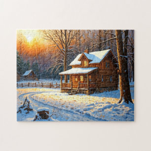 Berg Bos Houten Blokhut Kunst Legpuzzel