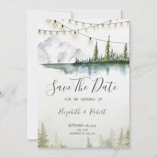 Berg, bos, meer, chique lichten Bewaar de datum Save The Date (Voorkant)