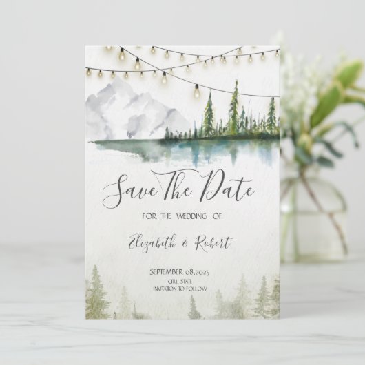 Berg, bos, meer, chique lichten Bewaar de datum Save The Date (Staand voorkant)