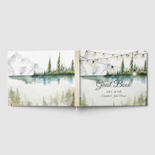 Berg, bos, meer, String Lights bruiloft Gastenboek (Volledig)