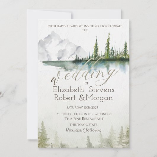 Berg, bos, meer, String Lights bruiloft Kaart (Voorkant)