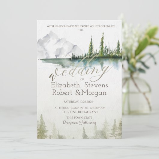 Berg, bos, meer, String Lights bruiloft Kaart (Staand voorkant)