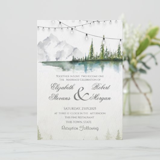 Berg, bos, meer, String Lights Chic bruiloft Kaart (Staand voorkant)