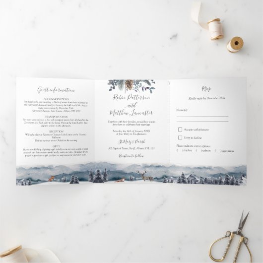 Berg, bosbestemming, huwelijk met RSVP Drieluik Uitnodiging (Binnen)