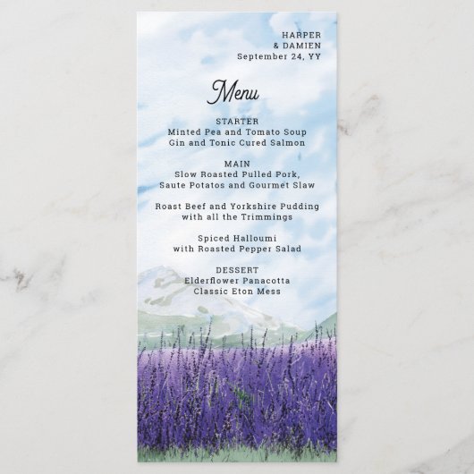 Berg bruiloft Waterverf Lavendel Landscape Menu (Voorkant)