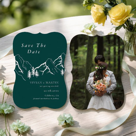 Berg Dennenboom Smaragd Foto Save The Date Kaart