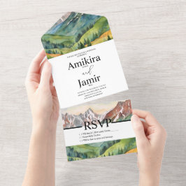 Berg dromerige Waterverf glitter bruiloft B All In One Uitnodiging