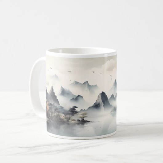 Berg, heuvel, mist en rivier koffiemok (Voorkant links)