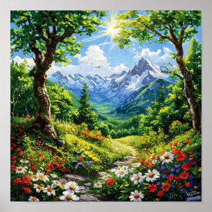 Berg in het bos met bloemen en bomen poster