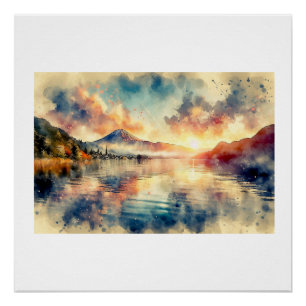 Berg Kawaguchi-meer bij zonsondergang, Perfect Poster