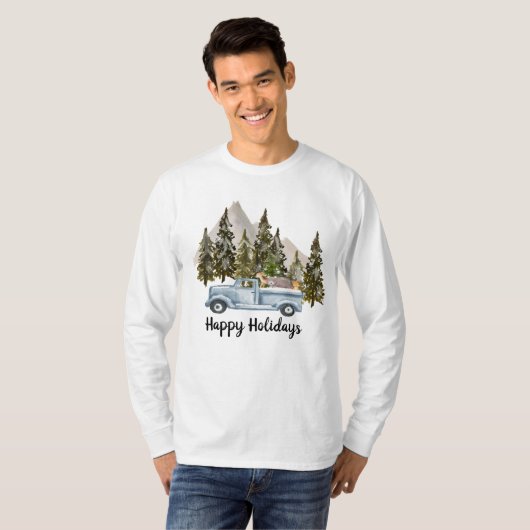 Berg Kerstmis met vrachtwagen, bomen en dieren T-shirt (Voorkant volledig)