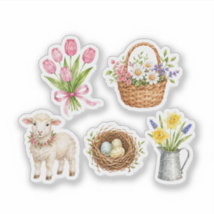 Berg Lentewaterverf Bloem Lamb Pasen Sticker