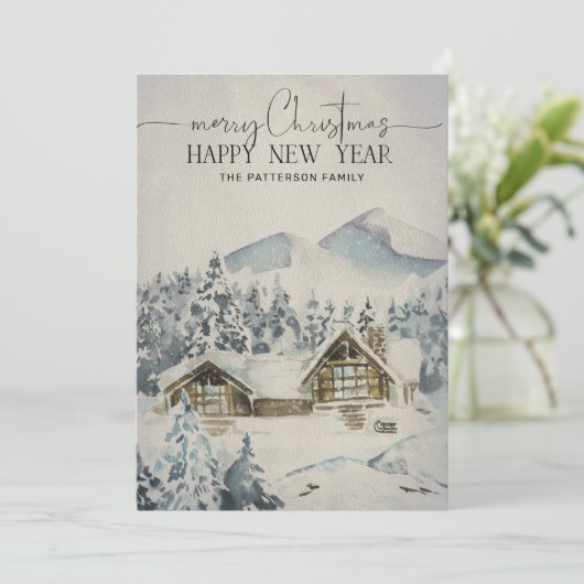 Berg Lodge Forest Snow Scene met kerstmis Kaart (Staand voorkant)