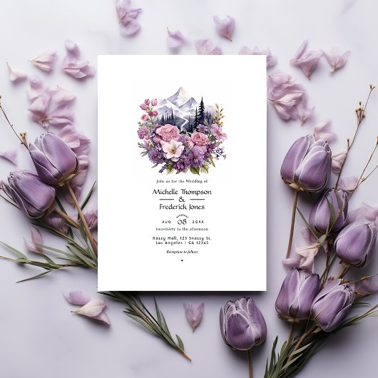 Berg Mauve Bloemige Bruiloft Kaart