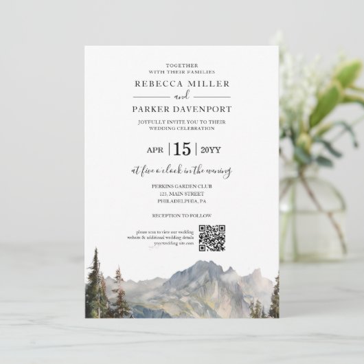 Berg meer moderne bruiloft QR Code Kaart (Staand voorkant)