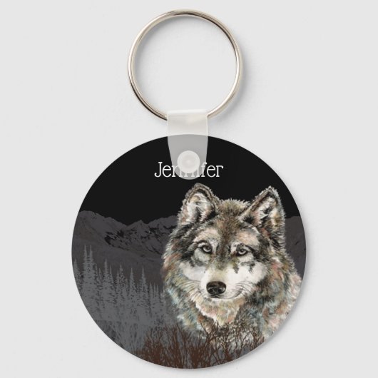 Berg met Waterverf Wolf Animal Custom Name Sleutelhanger (Voorkant)