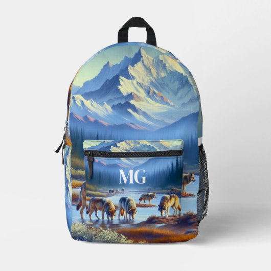 Berg met wolven AI Blauw Bedrukte Rugzak (Voorkant)