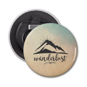 Berg met zonnestralen en walittypografie button flesopener