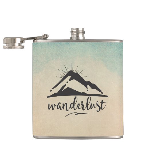 Berg met zonnestralen en walittypografie heupfles (Geopend)